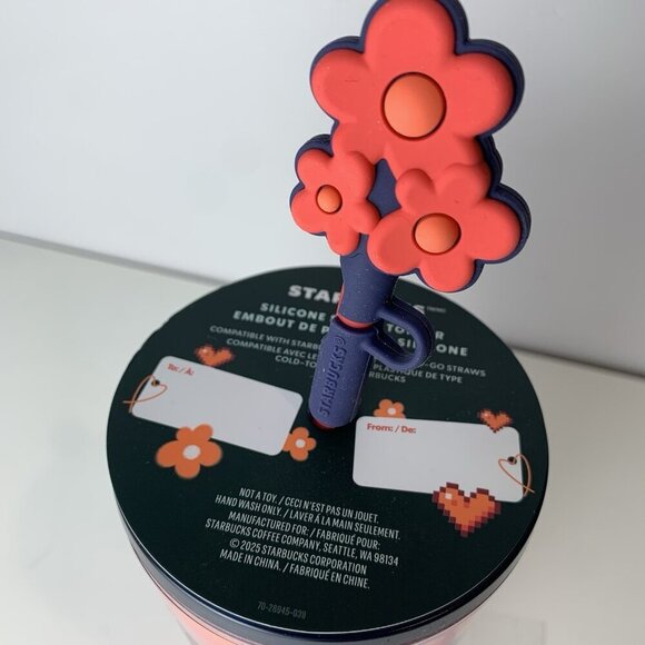 Starbucks Valentines Day Pink Pixel Heart Flower Straw Topper 24 oz Tumbler New - Picture 2 of 6